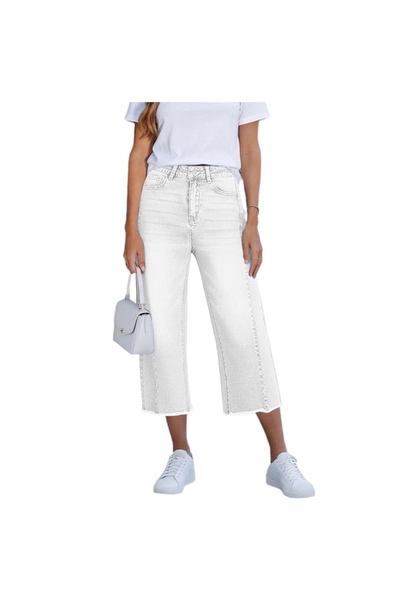 Womens Cropped Denim Wide Leg Jeans High Waisted Button Fly Capris with Back Pockets Summer Fashion Style