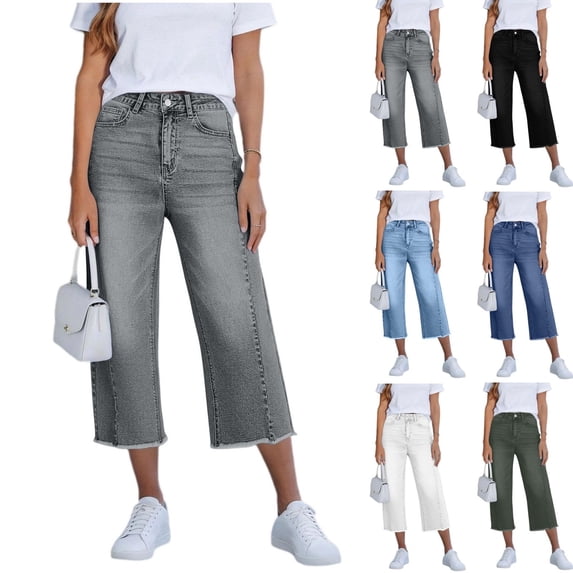 Qingpeng Womens Cropped Denim Wide Leg Jeans High Waisted Button Fly Capris with Back Pockets Summer Fashion Style