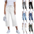thumbnail image 1 of Qingpeng Womens Cropped Denim Wide Leg Jeans High Waisted Button Fly Capris with Back Pockets Summer Fashion Style, 1 of 9