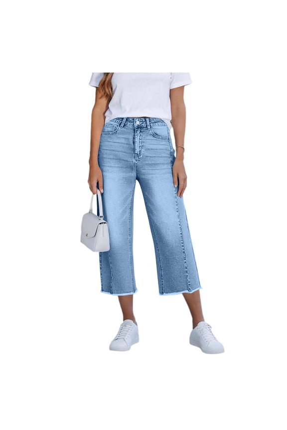 Womens Cropped Denim Wide Leg Jeans High Waisted Button Fly Capris with Back Pockets Summer Fashion Style
