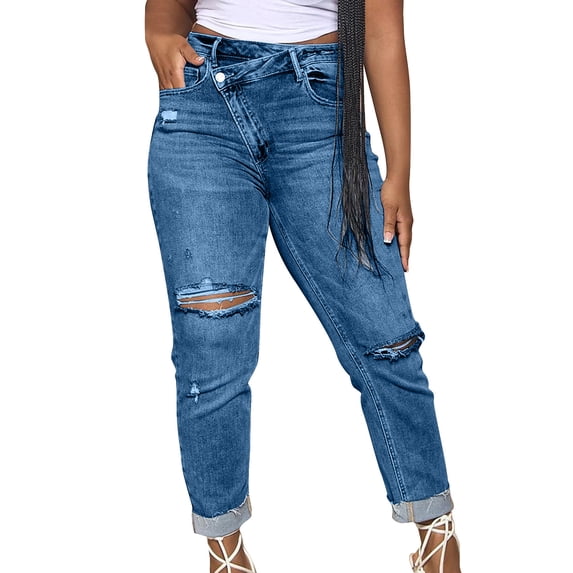 Qingpeng Womens Cross Waisted Distressed Boyfriend Jeans High Waisted Ripped Rolled Hem Denim Pants for Casual Wear