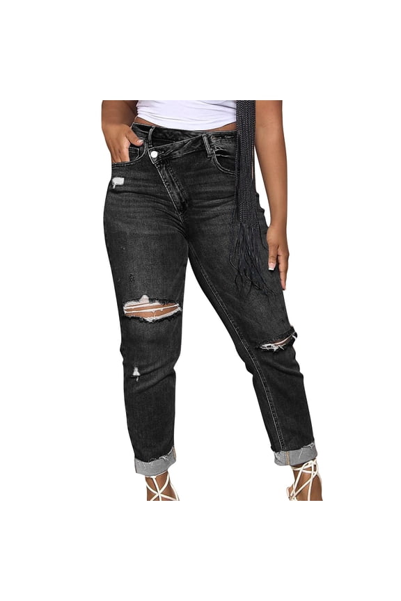 Womens Cross Waisted Distressed Boyfriend Jeans High Waisted Ripped Rolled Hem Denim Pants for Casual Wear