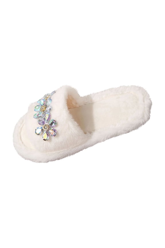 Womens Crystal Flower Fuzzy Mule Slippers Open Round Toe Fluffy Slip On Plush Lined Flat Warm Slippers