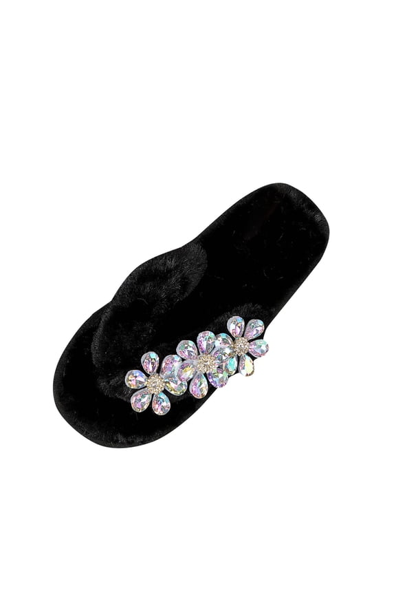Womens Crystal Flower Fuzzy Slide Slippers Single Wide Fluffy Strap Open Toe Plush Lined Flat Non Slip Warm Trendy Home Footwear