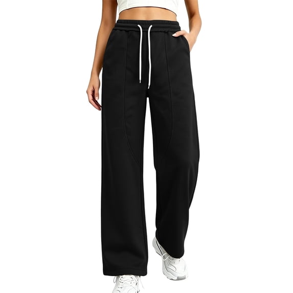 Qingpeng Womens Curved Seam Wide Leg Sweatpants Drawstring High Waist Loose Casual Solid Color Long Pants with Pockets