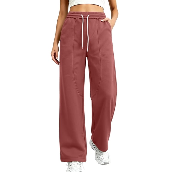 Qingpeng Womens Curved Seam Wide Leg Sweatpants Drawstring High Waist Loose Casual Solid Color Long Pants with Pockets