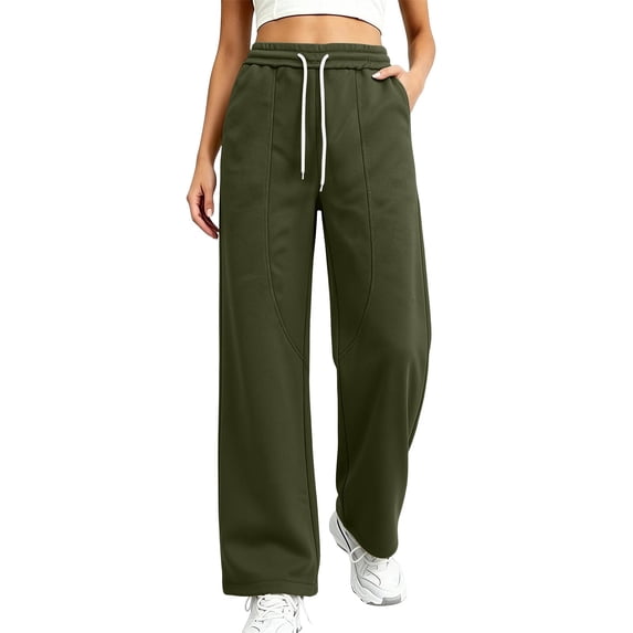 Qingpeng Womens Curved Seam Wide Leg Sweatpants Drawstring High Waist Loose Casual Solid Color Long Pants with Pockets