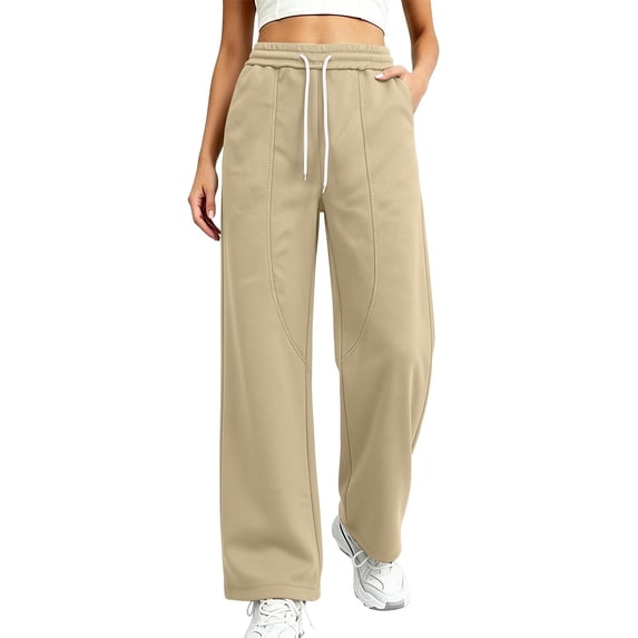 Qingpeng Womens Curved Seam Wide Leg Sweatpants Drawstring High Waist Loose Casual Solid Color Long Pants with Pockets