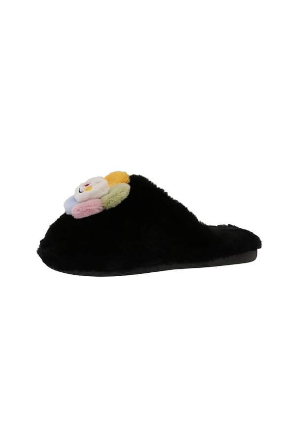 Womens Cute Multicolor Smiley Flower Decor Fuzzy Mule Slides Thick Fluffy Fur Closed Toe Slip On Comfort Slippers for Cold Weather