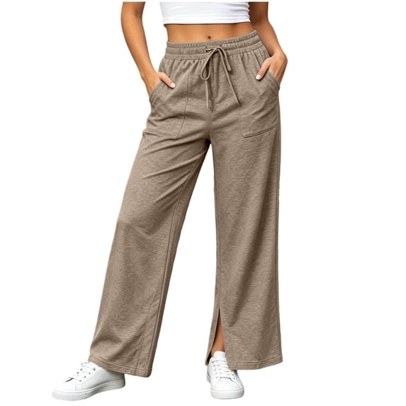 Qingpeng Womens Drawstring Elastic High Waisted Wide Leg Sweatpants Side Split Hem Soft Heather Knit Baggy Flow Casual Pants