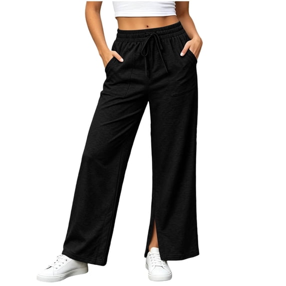 Qingpeng Womens Drawstring Elastic High Waisted Wide Leg Sweatpants Side Split Hem Soft Heather Knit Baggy Flow Casual Pants