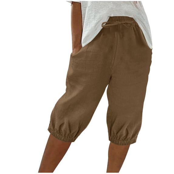 Qingpeng Womens Drawstring Elastic Waisted Capri Jogger Pants Baggy Fit Cropped Harem Pants with Pockets for Casual Wear