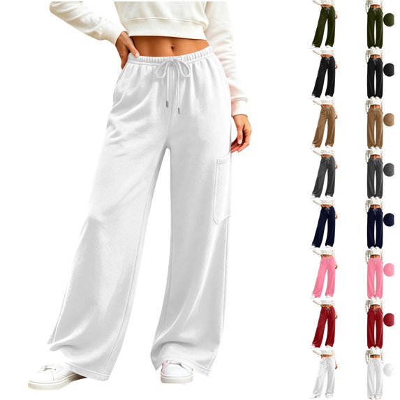 Qingpeng Womens Drawstring Waist Wide Leg Sweatpants Solid Color Loose Straight Casual Pants with Pockets Winter Trendy Long Trousers