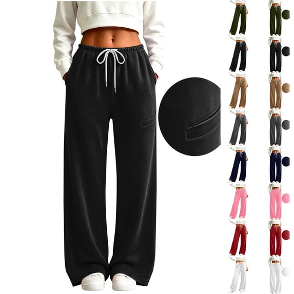 Qingpeng Womens Drawstring Waist Wide Leg Sweatpants Solid Color Loose Straight Casual Pants with Pockets Winter Trendy Long Trousers