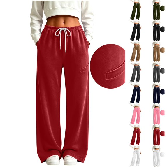 Qingpeng Womens Drawstring Waist Wide Leg Sweatpants Solid Color Loose Straight Casual Pants with Pockets Winter Trendy Long Trousers