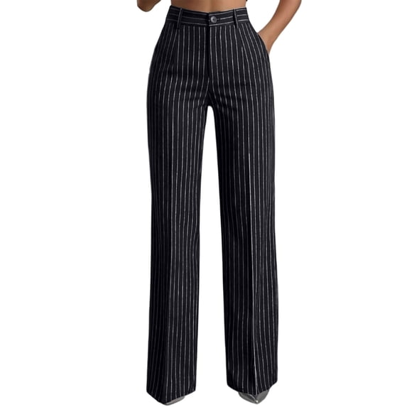 Qingpeng Womens Dress Pants Striped Business Casual High Waisted Stretchy Slacks Pull On Straight Leg Work Office Trousers