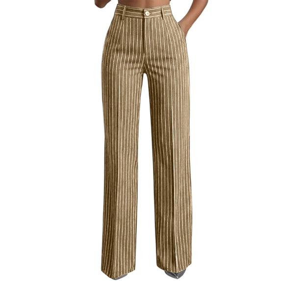 Qingpeng Womens Dress Pants Striped Business Casual High Waisted Stretchy Slacks Pull On Straight Leg Work Office Trousers