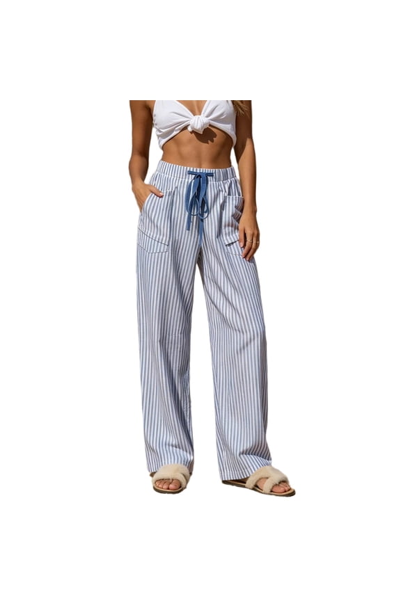Womens Elastic Drawstring High Waisted Striped Cargo Pants Square Flap Side Pockets Textured Loose Casual Wide Leg Trousers