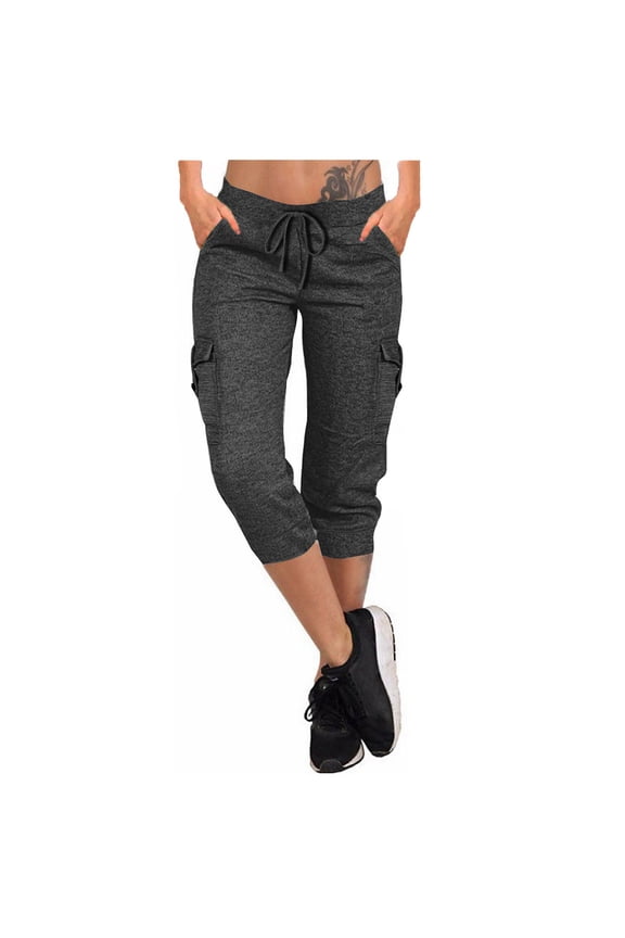 Womens Elastic Drawstring Waisted Cargo Capri Jogger Pants Heather Knit Tapered Cuffs Casual Workout Cropped Pants with Pockets