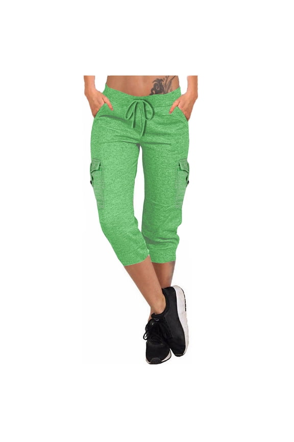 Womens Elastic Drawstring Waisted Cargo Capri Jogger Pants Heather Knit Tapered Cuffs Casual Workout Cropped Pants with Pockets
