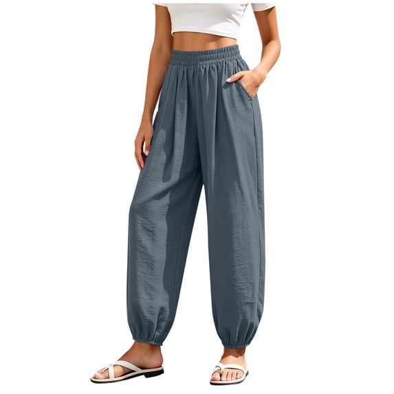 Qingpeng Womens Elastic High Waisted Jogger Pants Lightweight Solid Color Harem Pants Sweatpants with Pockets