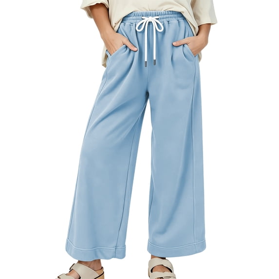Qingpeng Womens Elastic High Waisted Pants Drawstring Casual Cropped Wide Leg Sweatpants Solid Color Loose Trousers with Pockets