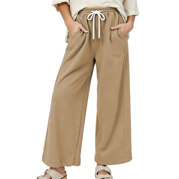 Qingpeng Womens Elastic High Waisted Pants Drawstring Casual Cropped Wide Leg Sweatpants Solid Color Loose Trousers with Pockets