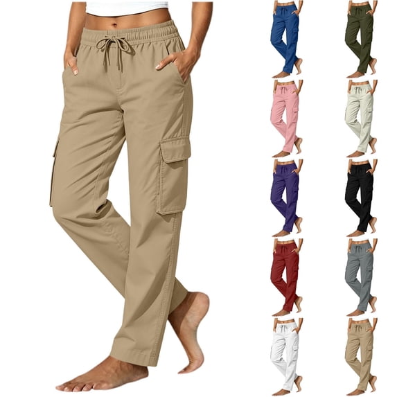Qingpeng Womens Elastic Waisted Cargo Pants Drawstring Straight Leg Casual Trousers Multi Pockets Solid Color Outdoor Daily Pants