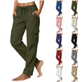 thumbnail image 1 of Qingpeng Womens Elastic Waisted Cargo Pants Drawstring Straight Leg Casual Trousers Multi Pockets Solid Color Outdoor Daily Pants, 1 of 6