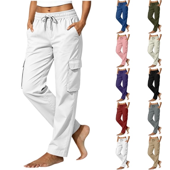 Qingpeng Womens Elastic Waisted Cargo Pants Drawstring Straight Leg Casual Trousers Multi Pockets Solid Color Outdoor Daily Pants