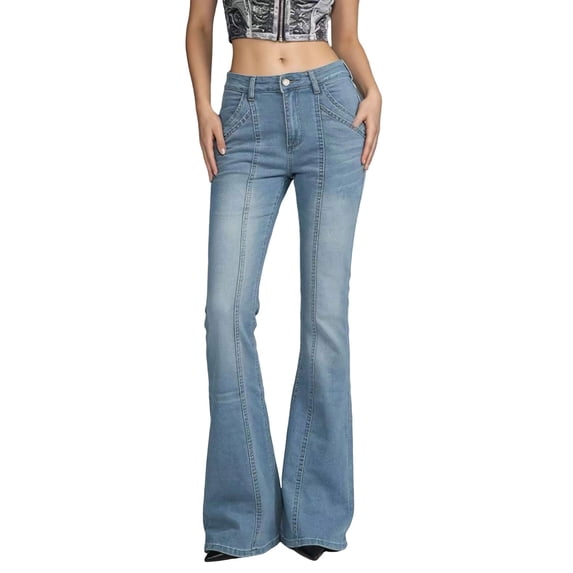 Qingpeng Womens Flare Denim Jeans Stretchy Casual Fashion Button Pants with Pockets Summer Going Out Street Trousers