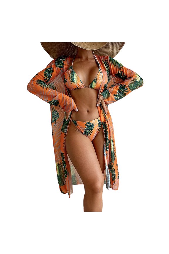 Womens Floral Print Three Pieces Bikini Set with Cover Up Halter Triangle Side-Tie Thong Bottom Beach Swimsuit XS-XL