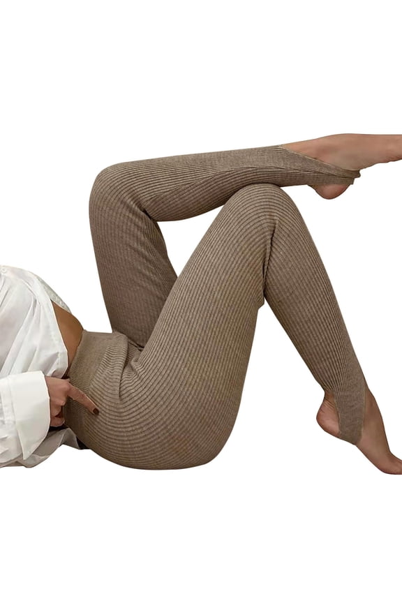 Womens Form Fitting Ribbed Stirrup Pants High Waisted Foot Loops Stretchy Knit Pants for Yoga Training