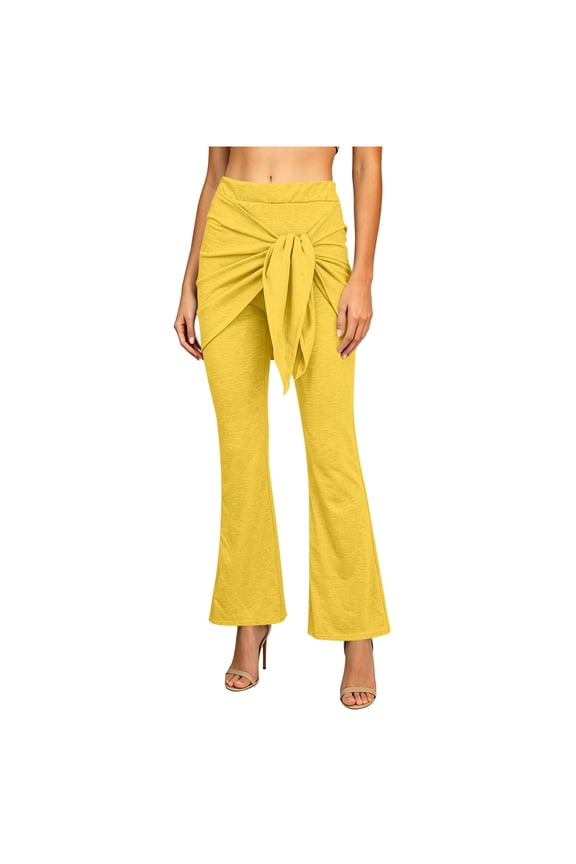 Womens Front Wrap Knot High Waisted Flare Pants Irregular Overlay Casual Knit Trousers for Daily Wear