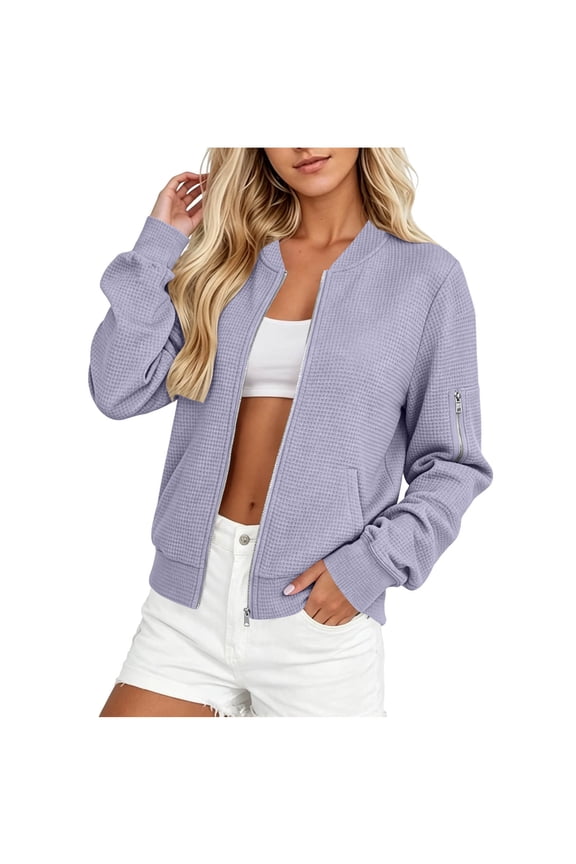 Womens Full Zipper Up Jacket Long Sleeve Casual Spring Fall Trendy Coat Loose Fit Solid Color Tops with Pocket