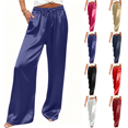 thumbnail image 1 of Qingpeng Womens Glossy Look Wide Leg Pants Drawstring High Waist Silky Smooth Lounge Trousers with Pockets Flowy Fit, 1 of 7