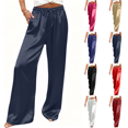 thumbnail image 1 of Qingpeng Womens Glossy Look Wide Leg Pants Drawstring High Waist Silky Smooth Lounge Trousers with Pockets Flowy Fit, 1 of 7