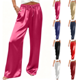 thumbnail image 1 of Qingpeng Womens Glossy Look Wide Leg Pants Drawstring High Waist Silky Smooth Lounge Trousers with Pockets Flowy Fit, 1 of 7