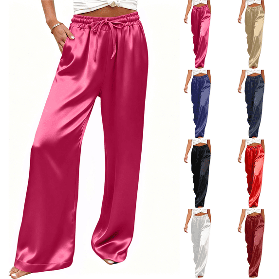 Qingpeng Womens Glossy Look Wide Leg Pants Drawstring High Waist Silky Smooth Lounge Trousers with Pockets Flowy Fit