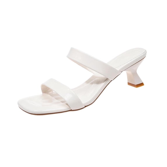 Qingpeng Womens Glossy Patent Leather Two Strap Square Open Toe Slide Sandals Mid Heel Slip On Mules Daily Footwear