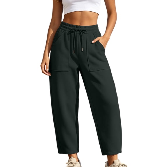Qingpeng Womens Gym Sweatpants Curved Wide Leg Casual Cropped Joggers Drawstring Elastic Waisted Sweatpants with Patch Pockets