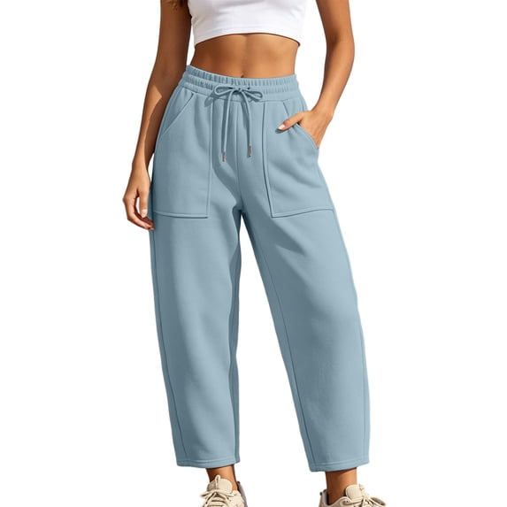 Qingpeng Womens Gym Sweatpants Curved Wide Leg Casual Cropped Joggers Drawstring Elastic Waisted Sweatpants with Patch Pockets