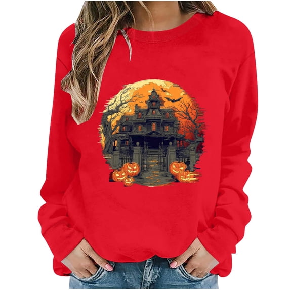 Qingpeng Womens Halloween Sweatshirt Crew Neck Fashion Cute Long Sleeve Fleece Crewneck Sweatshirt for Holiday Wear