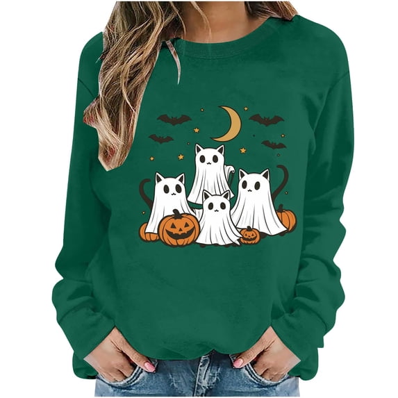 Qingpeng Womens Halloween Sweatshirt Oversized Long Sleeve Tops Printed Casual Crew Neck Sweatshirts Holiday Fall Loose Fit Pullover