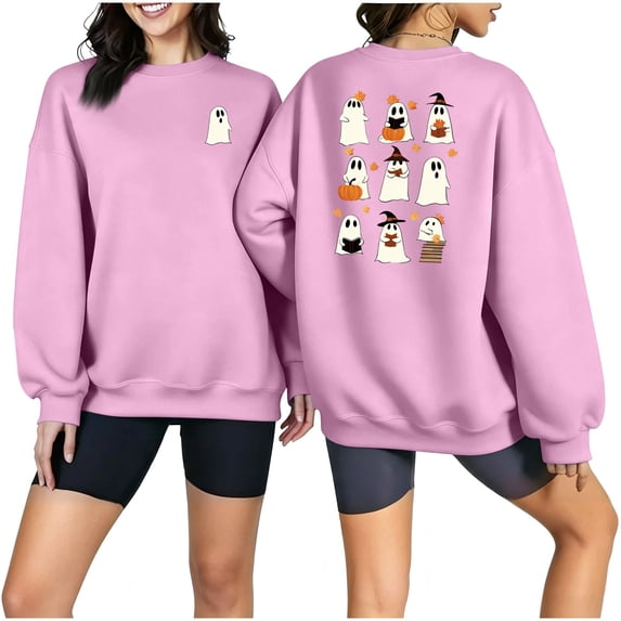 Qingpeng Womens Halloween Sweatshirt Spooky Season Print Crewneck Oversized Long Sleeve Oversized Fall Pullover Tops Loose Comfy Shirts