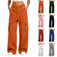 thumbnail image 1 of Qingpeng Womens High Waist Elastic Back Waist Wide Leg Cargo Pants Multi Flap Pockets Button Fly Soft Knit Casual Streetwear Trousers, 1 of 7