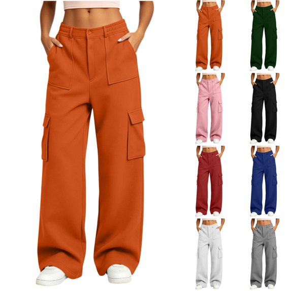 Qingpeng Womens High Waist Elastic Back Waist Wide Leg Cargo Pants Multi Flap Pockets Button Fly Soft Knit Casual Streetwear Trousers
