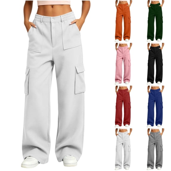 Qingpeng Womens High Waist Elastic Back Waist Wide Leg Cargo Pants Multi Flap Pockets Button Fly Soft Knit Casual Streetwear Trousers