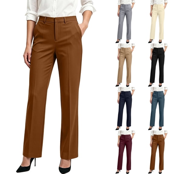 Qingpeng Womens High Waist Solid Suit Pants Side Pockets Straight Bootcut Business Office Formal Trousers for Work Daily Wear