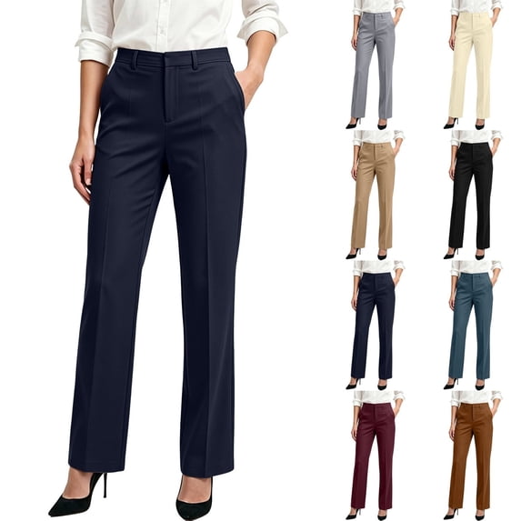 Qingpeng Womens High Waist Solid Suit Pants Side Pockets Straight Bootcut Business Office Formal Trousers for Work Daily Wear
